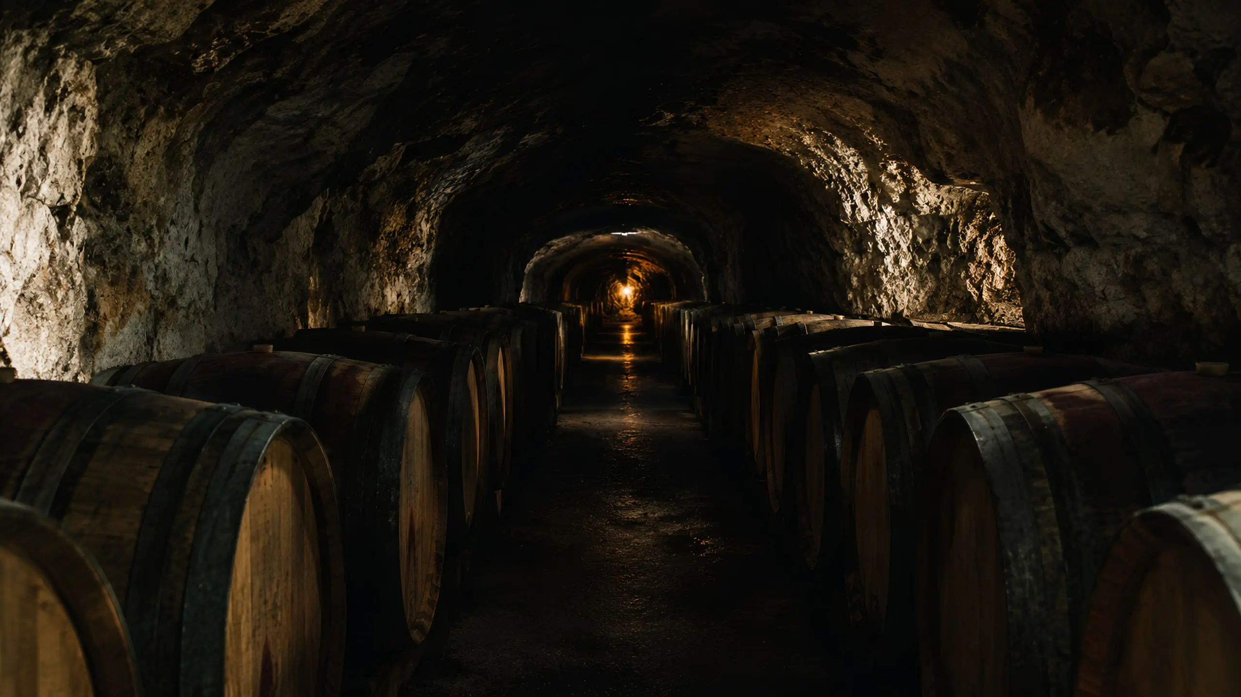 La cave du domaine, creusée à la main dans le calcaire en 1892, ses barriques alignées sous la voûte.