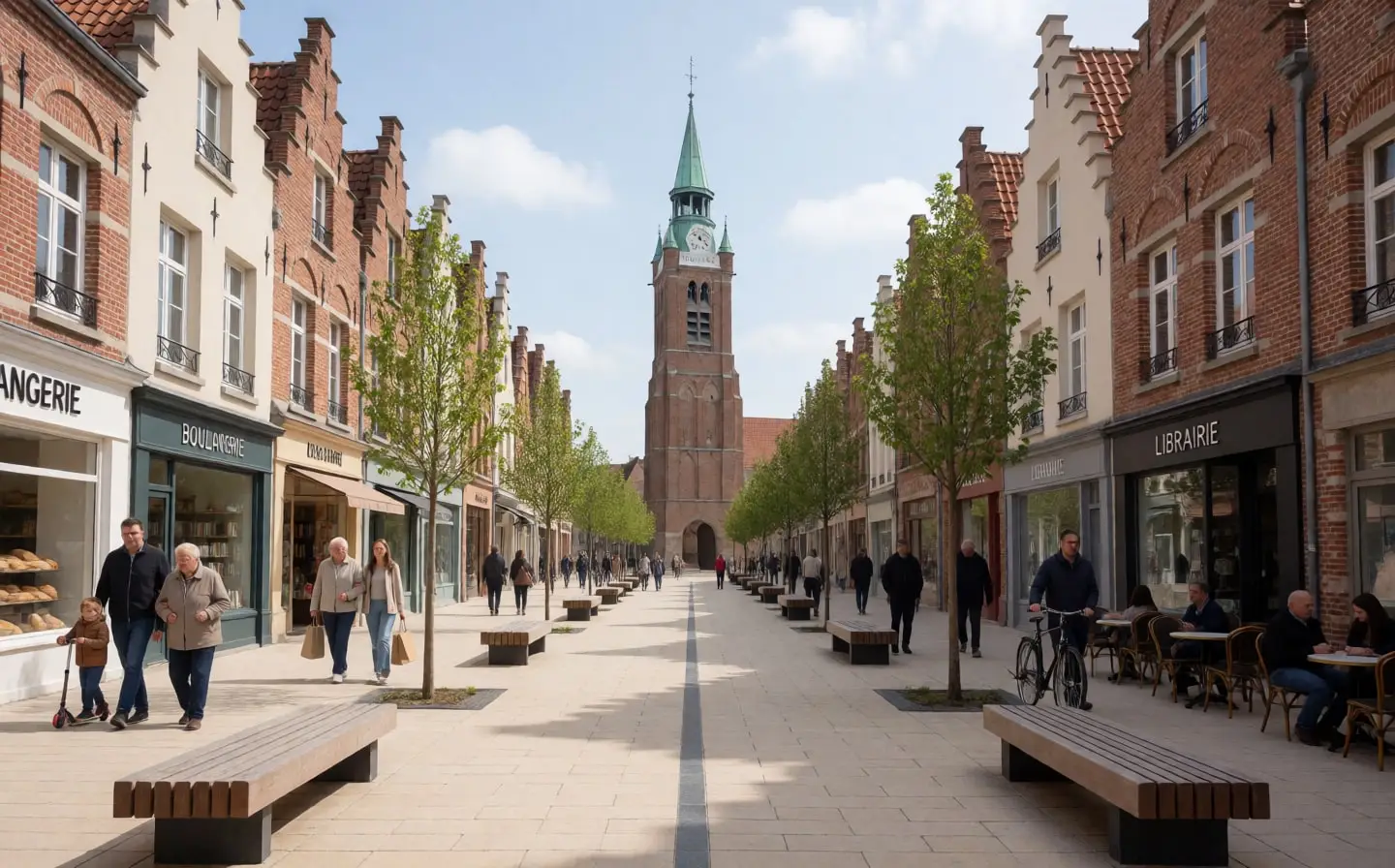 La rue de la Grande-Fontaine rénovée, piétonne, bordée de jeunes arbres et de terrasses, avec le beffroi au fond.
