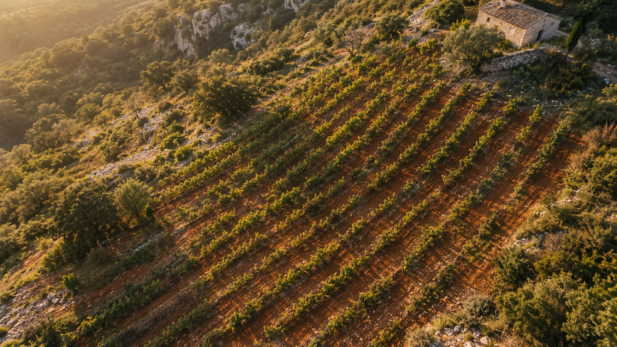Le coteau de vignes du domaine de Fondargue vu du ciel, à l’aube.