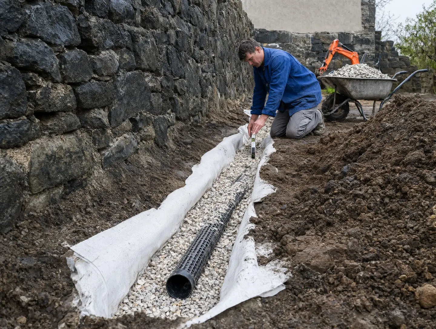 Une tranchée de drainage au pied d’un mur de pierre, avec son drain posé sur un lit de gravier.