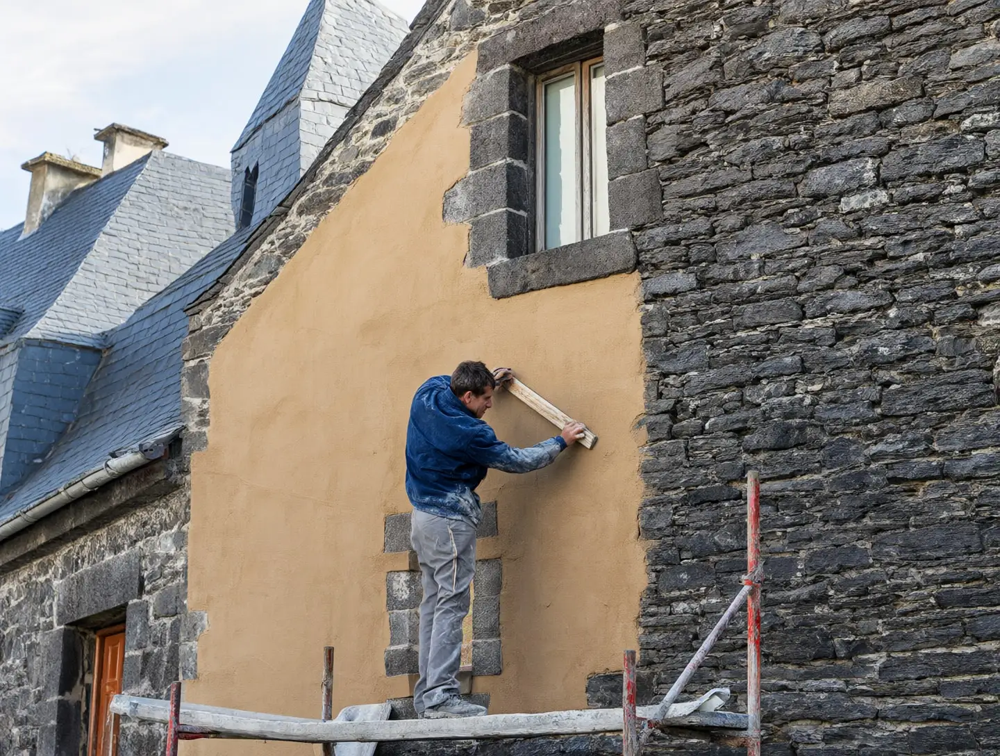 Un façadier talochant un enduit à la chaux couleur sable sur une façade en pierre, depuis un échafaudage.