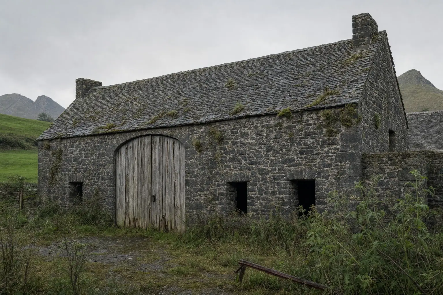 La grange avant travaux : porte en bois délabrée, toiture affaissée, cour en friche.