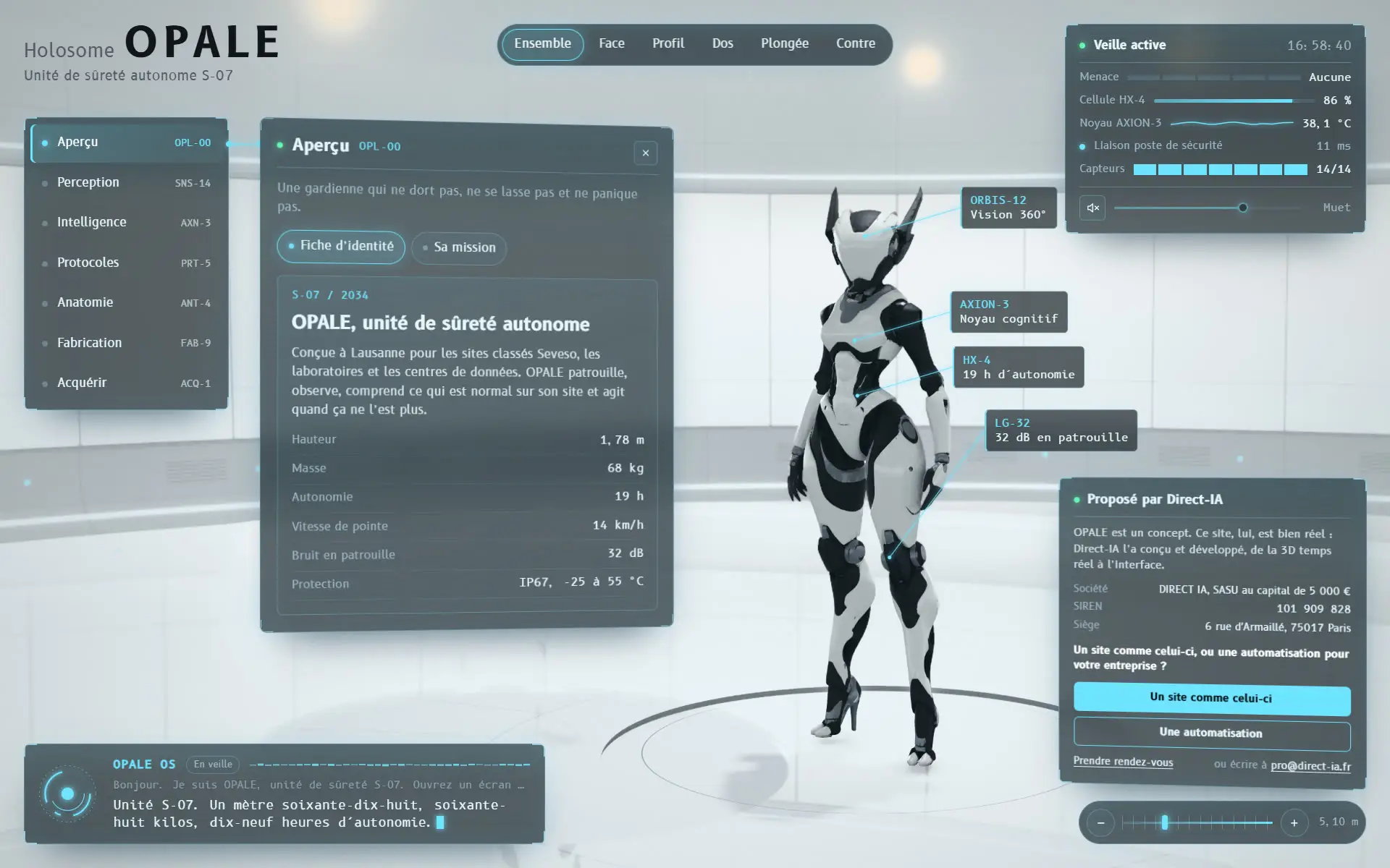 Site de démonstration Holosome OPALE : un robot humanoïde blanc et noir dans un laboratoire blanc, entouré d’écrans holographiques.