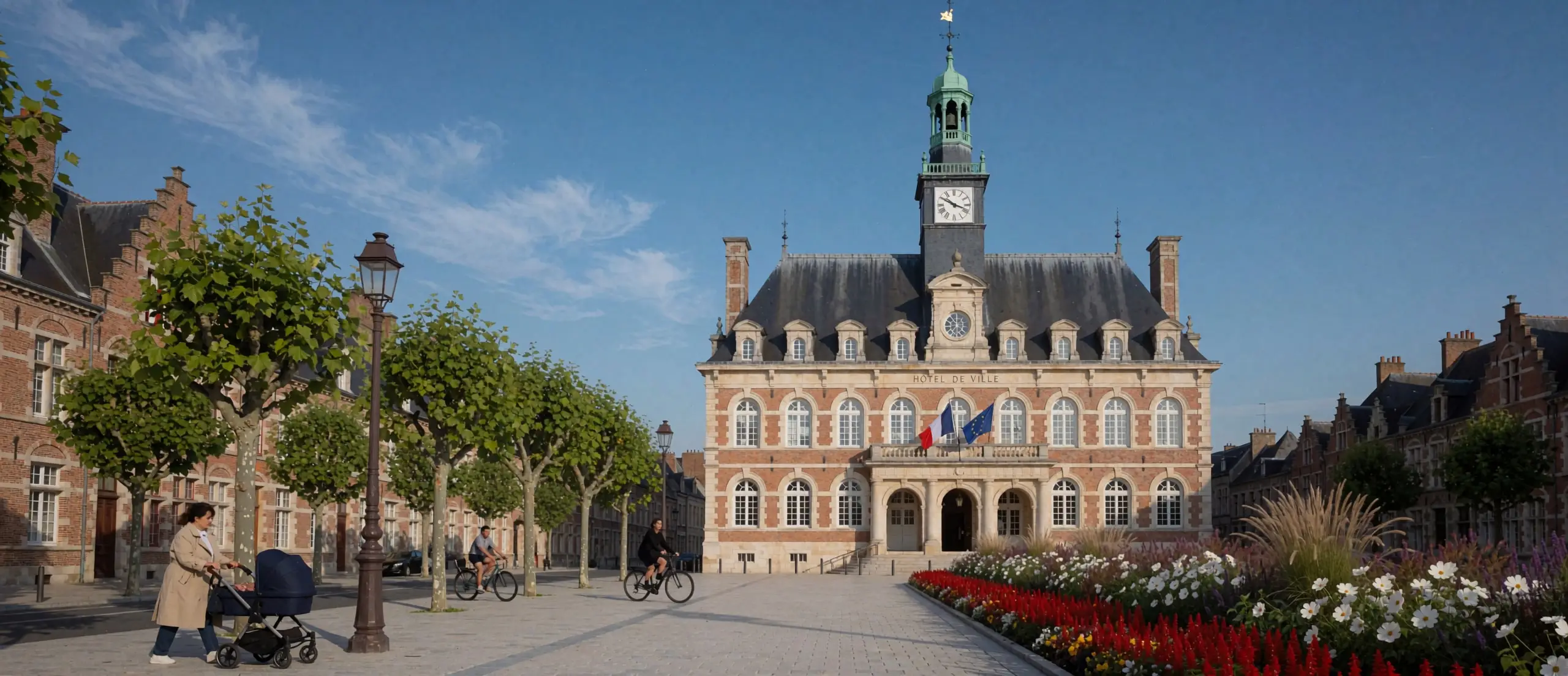 L’hôtel de ville de Valbrune, en brique et pierre, avec son beffroi à horloge, vu depuis une place plantée d’arbres et de massifs fleuris.