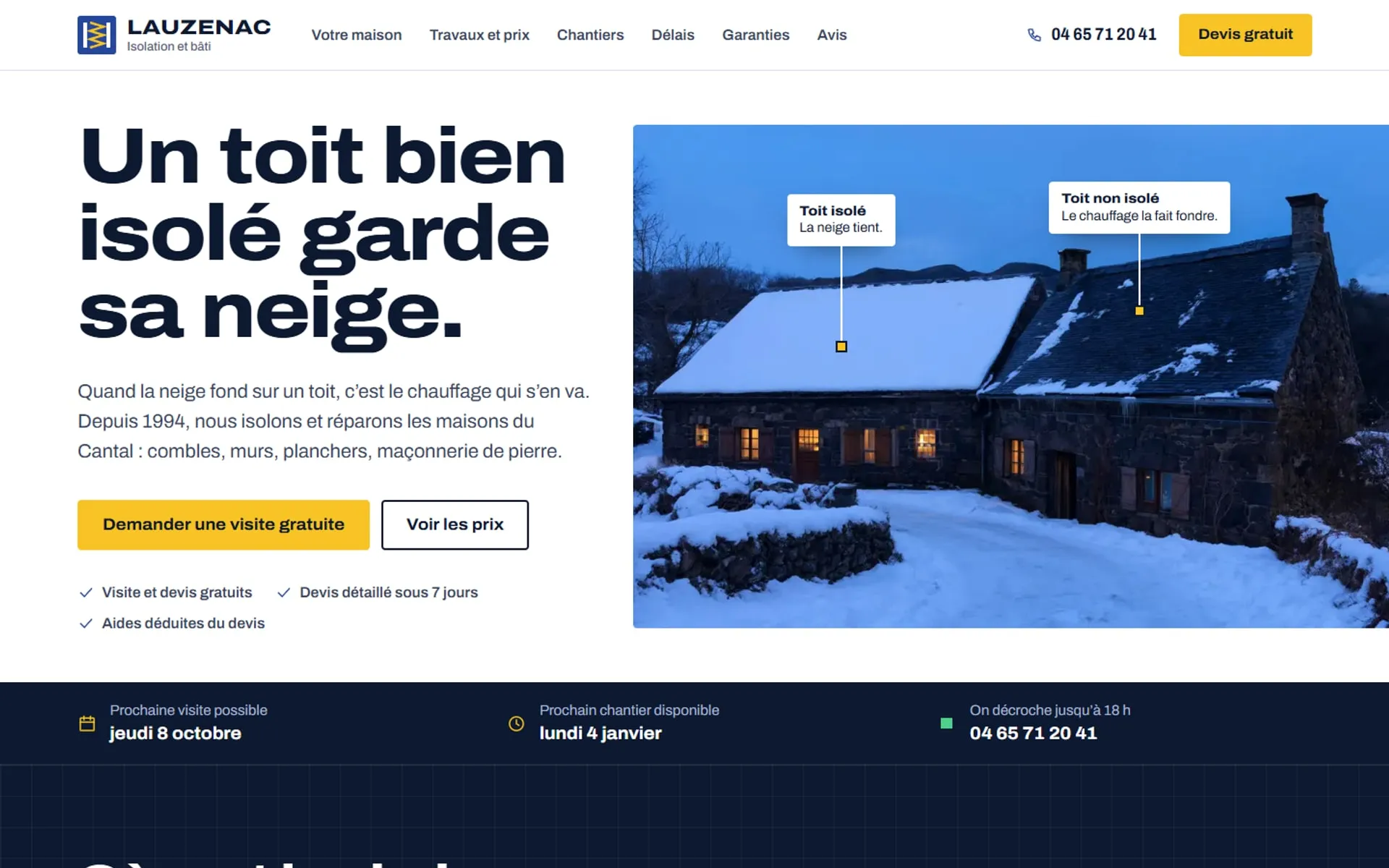 Page d’accueil du site Lauzenac : le titre « Un toit bien isolé garde sa neige » à côté de deux maisons de pierre sous la neige, l’une au toit blanc, l’autre au toit nu.