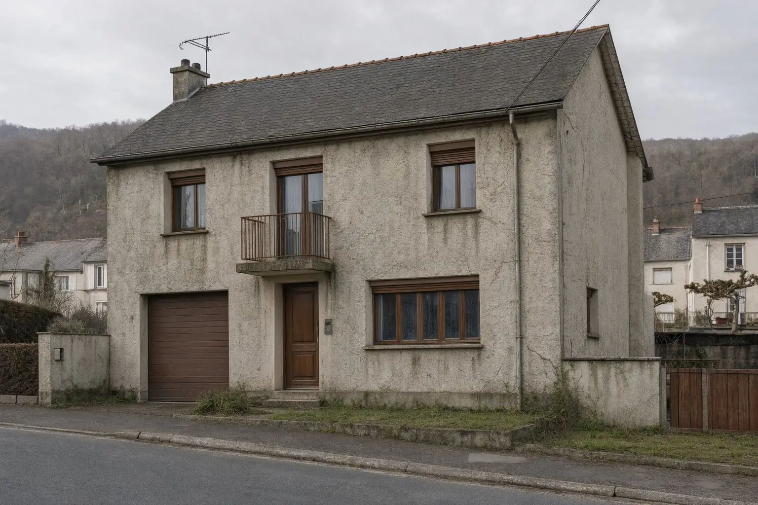 Le pavillon avant travaux : crépi gris sali, volets bruns défraîchis, fenêtres d’origine.
