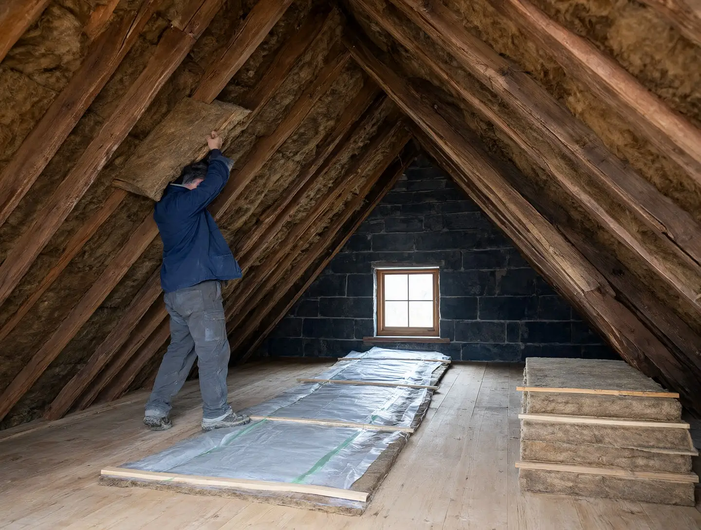 Un artisan pose des panneaux de fibre de bois entre les chevrons d’un comble en rénovation.