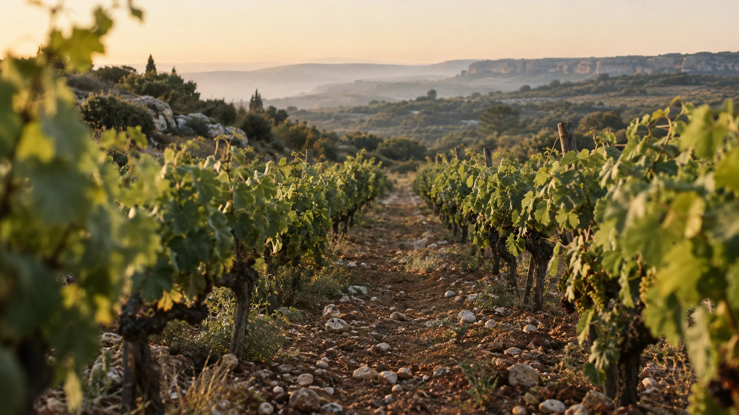 Un rang de vignes sur un sol d’argile et de cailloux calcaires, au lever du jour.