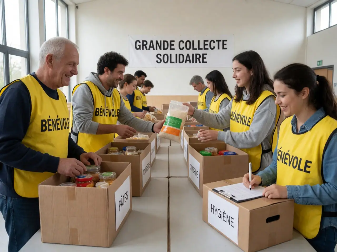 Des bénévoles en gilet jaune trient des dons alimentaires dans une salle lumineuse.