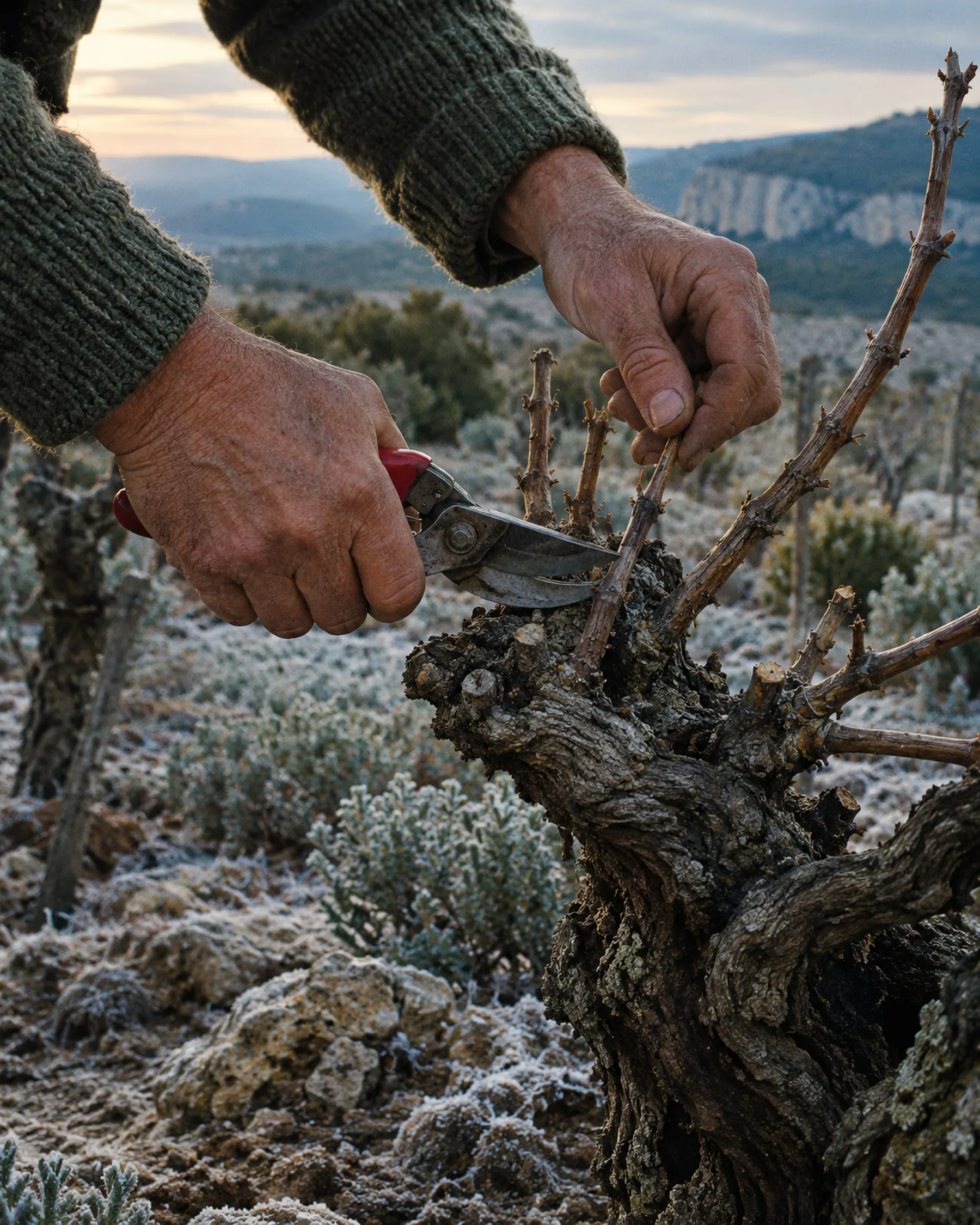 La vigne du domaine de Fondargue en janvier, au moment de la taille.