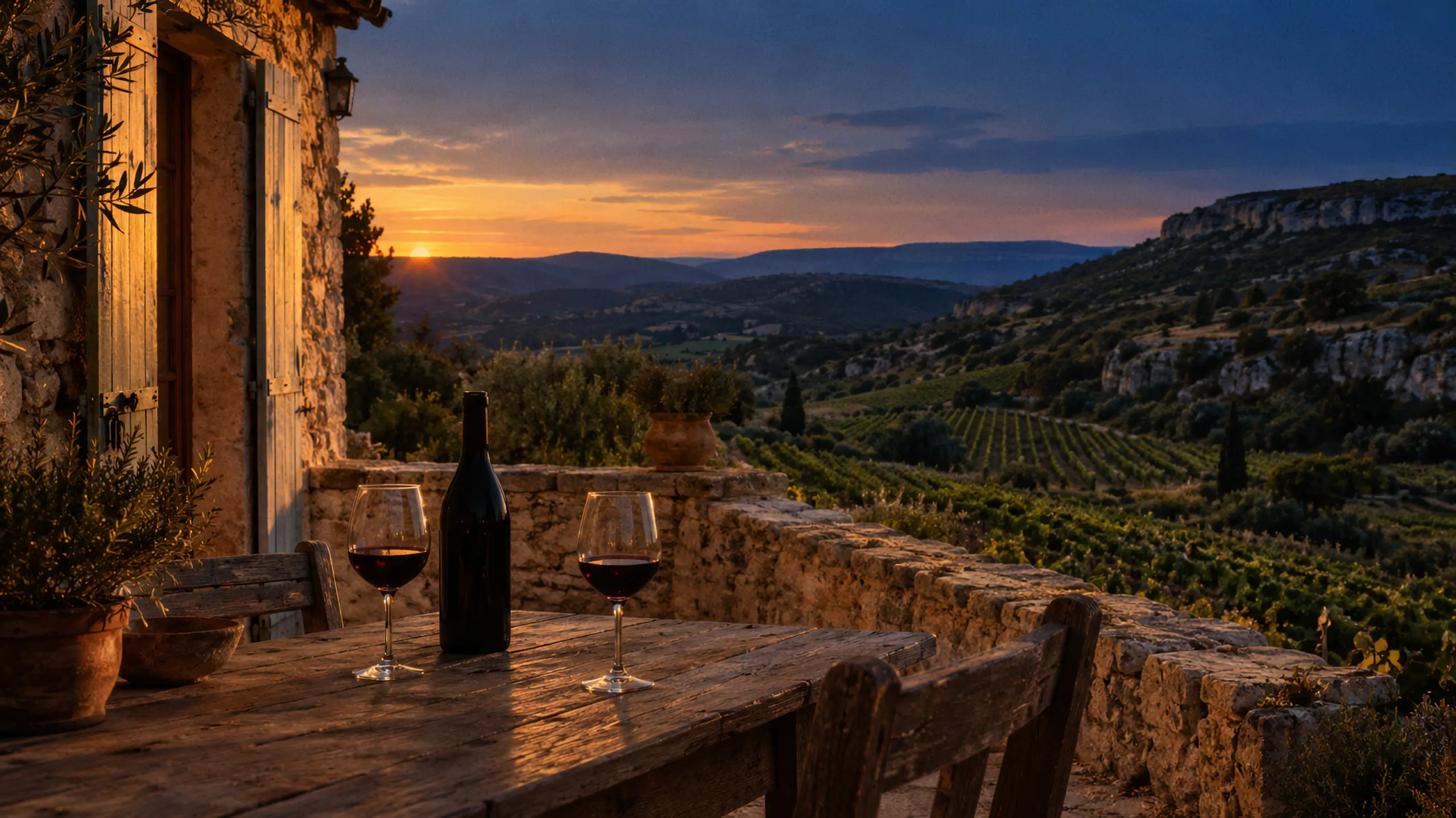 La terrasse du domaine au coucher du soleil, une bouteille et deux verres sur la table en bois.