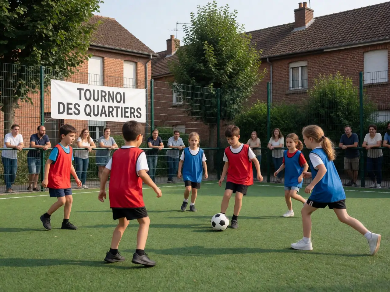 Des enfants jouent au football sur un terrain synthétique entouré de maisons de brique.